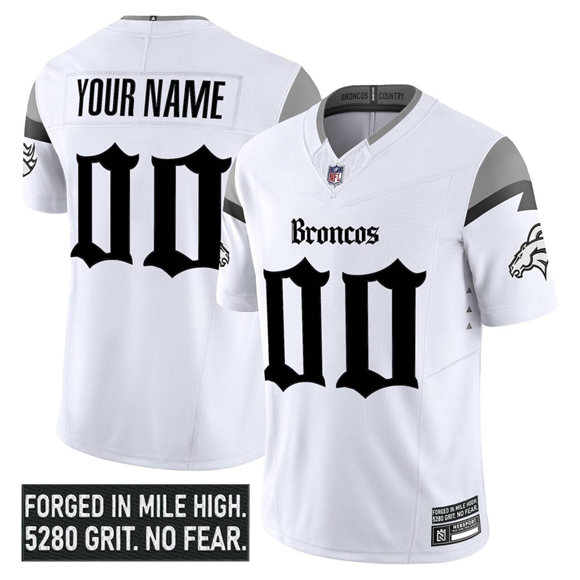 Men's Denver Broncos Active Player Custom White 2025 F.U.S.E. With 1-Star C Patch 'Gothic Mile High Shadows Edition' Vapor Limited Stitched Football Jersey